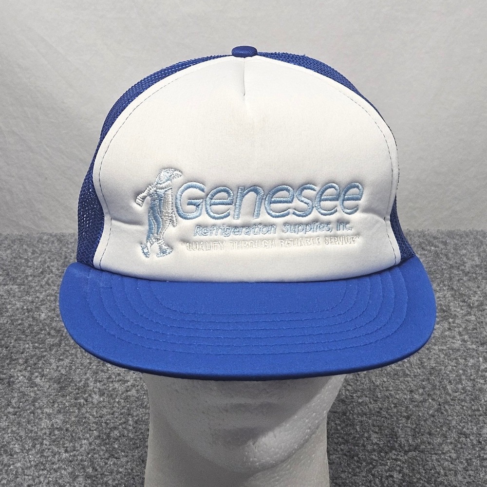 Vintage Trucker Hat Genesee Refrigeration Blue White Mesh Cap 80s Snapback Foam